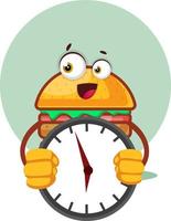 Burger hält eine Uhr, Illustration, Vektor auf weißem Hintergrund.