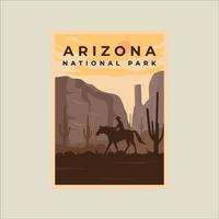 cowboy auf pferd minimalistische vintage poster illustration vorlage grafikdesign. arizona-nationalpark mit kaktusbergen und wüstenkonzept für reise- oder tourismusunternehmen vektor