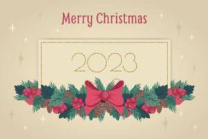 Neujahrsbanner. weihnachtsgrußkarte mit weihnachtskranz, goldenem text, horizontalem rahmen. Vintage Winterurlaub Hintergrund. vektorillustration für festliches plakat, einladung, flyer vektor