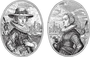 porträtt av två okänd kvinnor, både som herdinna, årgång illustration. vektor