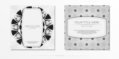 luxuriöse vorlage für druckdesign postkarte weiße farbe mit schwarzen ornamenten. Vorbereitung einer Einladung mit einem Platz für Ihren Text und abstrakte Muster. vektor