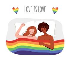lesbisk kvinnor lögn under de regnbåge flagga av HBTQ. flickor är engagerad i interracial fri sex vektor