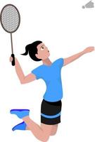 springender Badmintonspieler, Illustration, Vektor auf weißem Hintergrund.