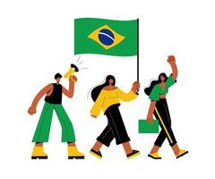 brasilianer bära de flagga av Brasilien och protest. människor är skrikande in i en megafon och krävande rättigheter. sluta de våld vektor