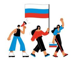 russen tragen die flagge der russischen föderation und protestieren. Menschen schreien in ein Megafon und fordern Rechte. die Gewalt zu stoppen vektor