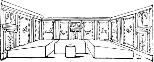 Bankettsaal, römische Leute lehnten sich bei ihren Mahlzeiten zurück, Vintage-Gravur. vektor