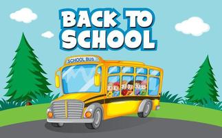 tillbaka till skolmall med barn och skolbuss vektor