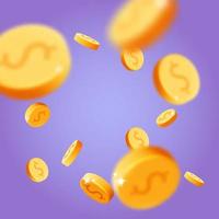 fliegender und fallender Dollarmünzen-Explosionseffekt des Vektors 3d auf purpurroter Hintergrundfahnenillustration vektor