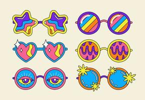 eine Reihe von hellen Sonnenbrillen. Hippie-Stil. Retro-Mode. Halluzinationen und Psychedelika in den Augen vektor