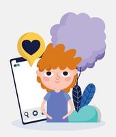 söt ung pojke smartphone meddelande kärlek sociala medier vektor