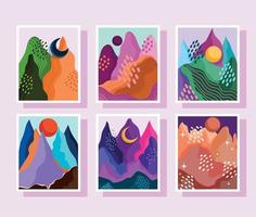 abstrakt landskap ikoner uppsättning gryning berg, färger för omslag mallar kreativ vektor