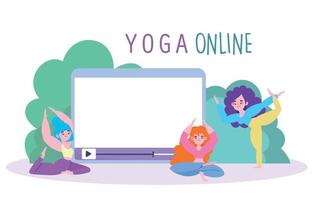 online-yoga, gruppenfrauencharaktere mit tablette, die yoga-meditationstrainingskarikatur praktizieren vektor