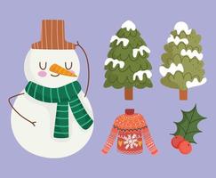 Winter Schneemann Bäume Pullover und Holly Berry Icons Set Cartoon vektor