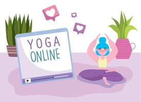 uppkopplad yoga, ung kvinna praktiserande yoga lotus utgör meditation, Ansökan vektor