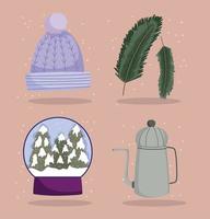 Wintersymbole setzen warme Mütze Schneeball Teekanne und Äste Baum vektor