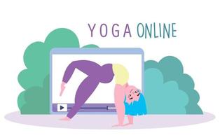 uppkopplad yoga, flicka Träning övningar yoga läsplatta app catoon vektor