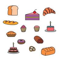 satz buntes bäckerei- und kuchendesign. Dessert-Essen-Symbol, Zeichen und Symbol. vektor