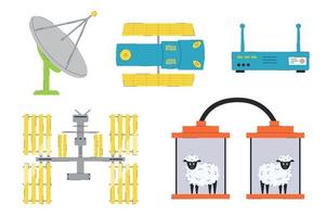Reihe von Symbolen für wissenschaftliche Errungenschaften der 1990er Jahre. Satellitenschüssel, Internetmodem, Dolly das Schaf, Raumstation, Teleskop vektor