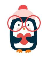 söt jul bebis vektor vinter- pingvin ta hjärta i stickat röd hatt och glasögon i tecknad serie stil. isolerat på vit bakgrund platt illustration