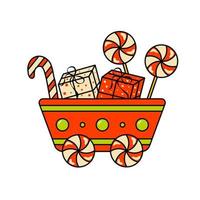röd vagn med gåvor och sötsaker för jul isolerat element vektor