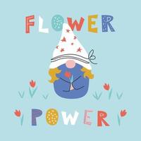 Flower-Power-Schriftzug mit süßem weiblichem Zwergcharakter und Tulpenfeld vektor