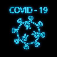 hell leuchtendes blaues medizinisches wissenschaftliches digitales leuchtreklame für krankenhauslaborapotheke schön mit coronavirus-pandemievirus auf schwarzem hintergrund und aufschrift covid 19. vektorillustration vektor