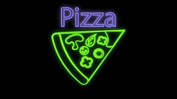 skiva av pizza på tunn skorpa, på en svart bakgrund, vektor illustration, neon. grön neon tecken, skylt med inskrift. design av en Kafé och restaurang. neon tecken