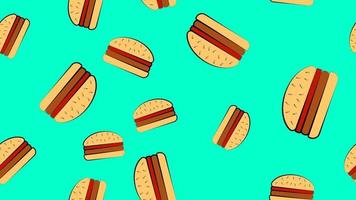 Muster von Burgern auf blauem Hintergrund, Vektorillustration. leckeres Fastfood. tapete für café, wohnkulturdesign. helle, saftige, farbige Burger für Fast Food vektor