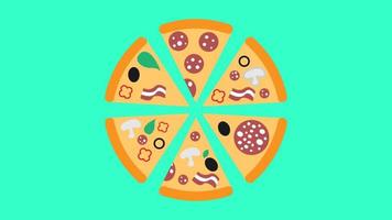 Pizza mit Toppings auf blauem Hintergrund, Vektorillustration. viel Pizzastück mit verschiedenen Füllungen aus Salami mit Schmalz, Oliven, Speck und Gemüse mit Kräutern. Fast-Food-Snack vektor