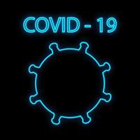 hell leuchtendes blaues medizinisches wissenschaftliches digitales leuchtreklame für krankenhauslaborapotheke schön mit coronavirus-pandemievirus auf schwarzem hintergrund und aufschrift covid 19. vektorillustration vektor