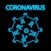 Hell leuchtendes blaues medizinisches wissenschaftliches digitales Neonschild für Krankenhauslaborapotheke schön mit Coronavirus-Pandemievirus auf schwarzem Hintergrund. Vektor-Illustration vektor