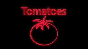 Tomate auf schwarzem Hintergrund, Vektorillustration, Neon. appetitlich, runde Tomate, gesundes Essen. Neonrot, helle Beleuchtung, ein Schild mit dem Namen Tomate vektor