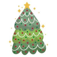 fröhlicher weihnachtsbaum mit stern- und kugeldekoration und feierikone vektor