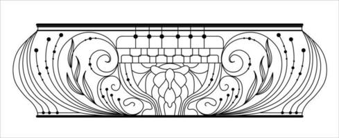 dekorerad järn balkong. svart metall räcke med smidda ornament på en vit bakgrund. ingång till de terrass dekorerad med stål vektor. antik årgång objekt av arkitektur, Fasad svart victori vektor