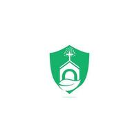 Kirchengebäude-Logo-Design. Vorlagenlogo für Kirchen und Christen. Logo des Kreuzkirchengebäudes. vektor
