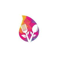friska mat släppa form begrepp logotyp design. organisk mat logotyp . mat logotyp med sked, gaffel, och löv. mat logotyp. vektor