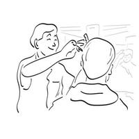 manlig frisör framställning en frisyr med sax för en ung man i barberare affär illustration vektor hand dragen isolerat på vit bakgrund linje konst.