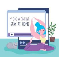 online yoga, zu hause bleiben, mädchen praktizieren yoga mit computer und katze vektor