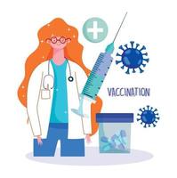 kvinna läkare medicin piller och spruta medicinsk hälsa vård vaccination vektor