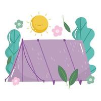 camping tält träd blommor och Sol i tecknad serie stil design vektor