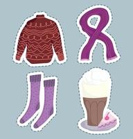 Wintersymbole setzen Pullover, Schal, Socken und Schokoladenbecher vektor