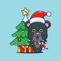 süßer panther mit weihnachtslampe. nette weihnachtskarikaturillustration. vektor