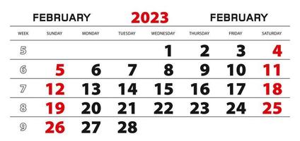 vägg kalender 2023 för februari, vecka Start från söndag. vektor