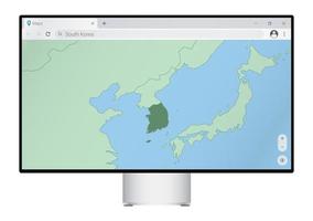 computermonitor mit karte von südkorea im browser, suchen sie im web-mapping-programm nach dem land südkorea. vektor