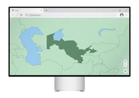 computermonitor mit karte von usbekistan im browser, suchen sie im web-mapping-programm nach dem land usbekistan. vektor