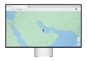 Computermonitor mit Karte von Katar im Browser, suchen Sie im Web-Mapping-Programm nach dem Land Katar. vektor