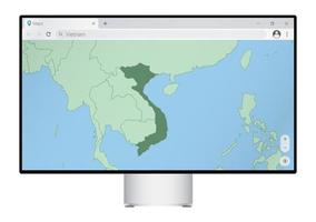 Computermonitor mit Karte von Vietnam im Browser, suchen Sie im Web-Mapping-Programm nach dem Land Vietnam. vektor