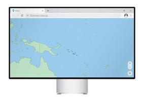 computermonitor mit karte der salomonen im browser, suche im web-mapping-programm nach dem land der salomonen. vektor