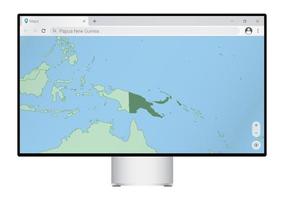 computermonitor mit karte von papua-neuguinea im browser, suchen sie im web-mapping-programm nach dem land von papua-neuguinea. vektor