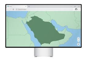 Computermonitor mit Karte von Saudi-Arabien im Browser, suchen Sie im Web-Mapping-Programm nach dem Land Saudi-Arabien. vektor